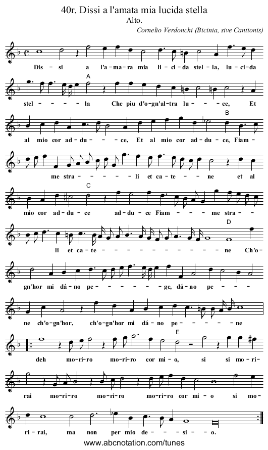 40r. Dissi a l'amata mia lucida stella - staff notation