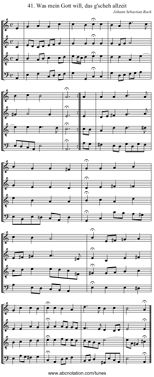 41. Was mein Gott will, das g'scheh allzeit - staff notation