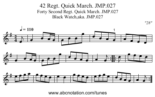 42 Regt. Quick March. JMP.027 - staff notation