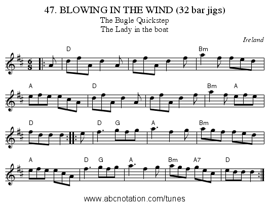 47. BLOWING IN THE WIND (32 bar jigs) - staff notation