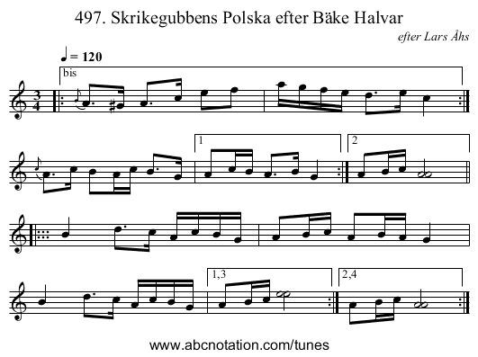 497. Skrikegubbens Polska efter B&auml;ke Halvar - staff notation
