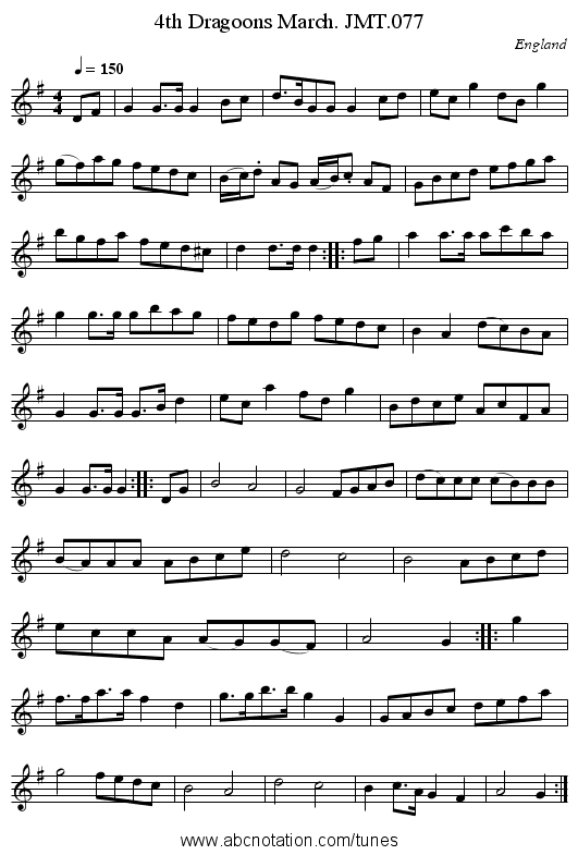 4th Dragoons March. JMT.077 - staff notation