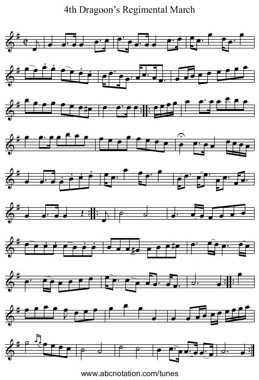 4th Dragoon’s Regimental March - staff notation