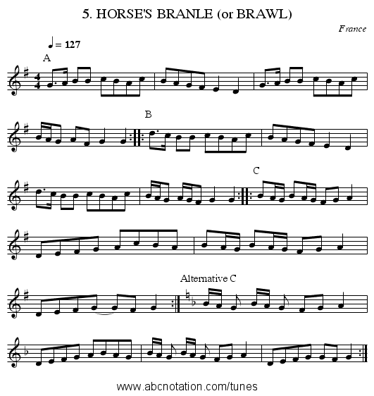 5. HORSE'S BRANLE (or BRAWL) - staff notation