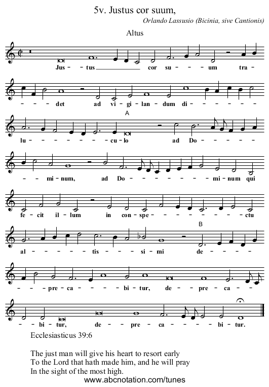5v. Justus cor suum, - staff notation