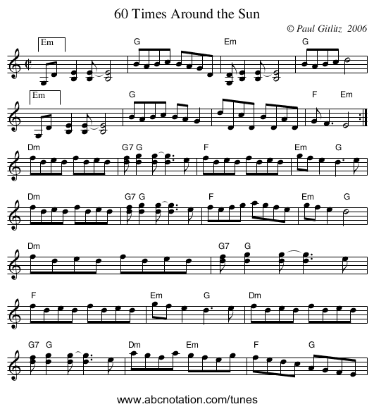 60 Times Around the Sun - staff notation
