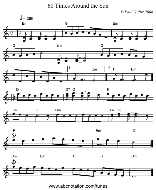 60 Times Around the Sun - staff notation