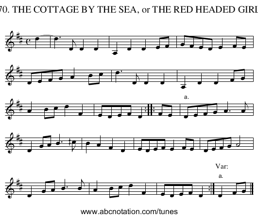 70. THE COTTAGE BY THE SEA, or THE RED HEADED GIRL - staff notation