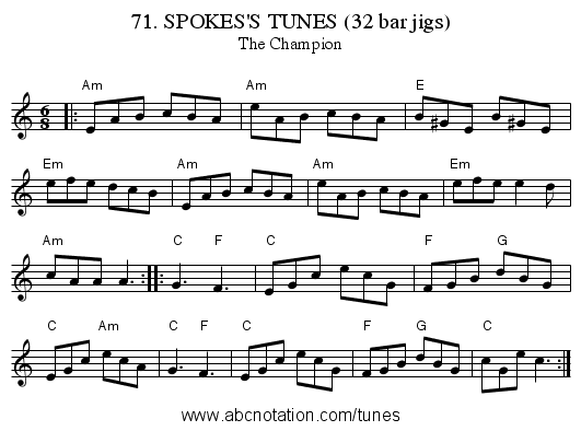 71. SPOKES'S TUNES (32 bar jigs) - staff notation