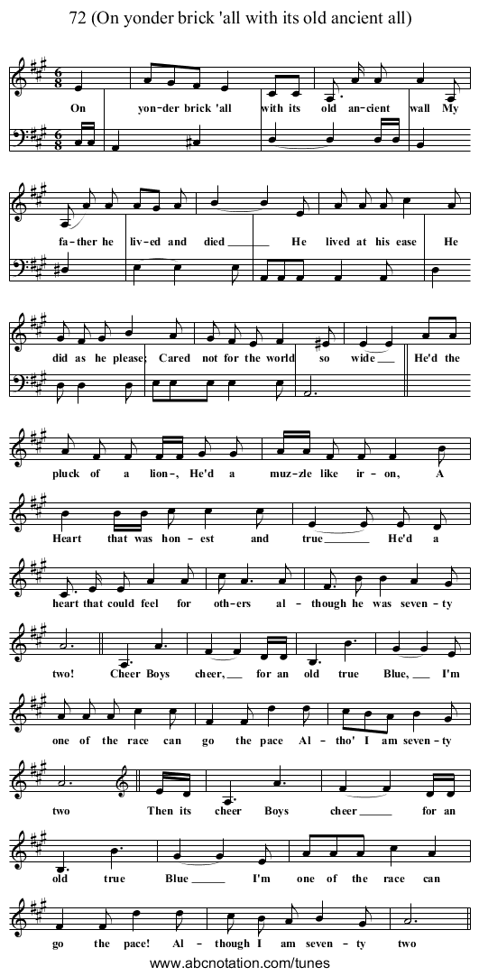 72 (On yonder brick 'all with its old ancient all) - staff notation