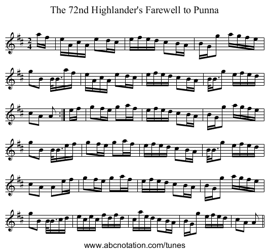 72nd Highlander's Farewell to Punna, The - staff notation