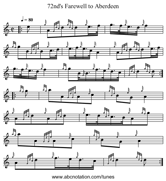 72nd's Farewell to Aberdeen - staff notation