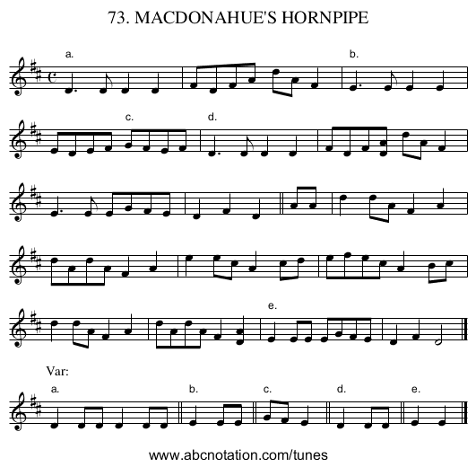 73. MACDONAHUE'S HORNPIPE - staff notation