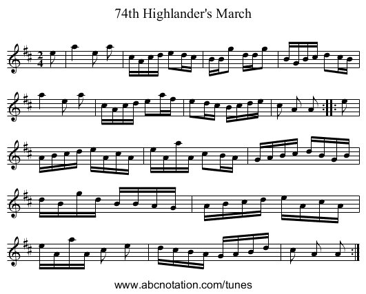 74th Highlander's March - staff notation