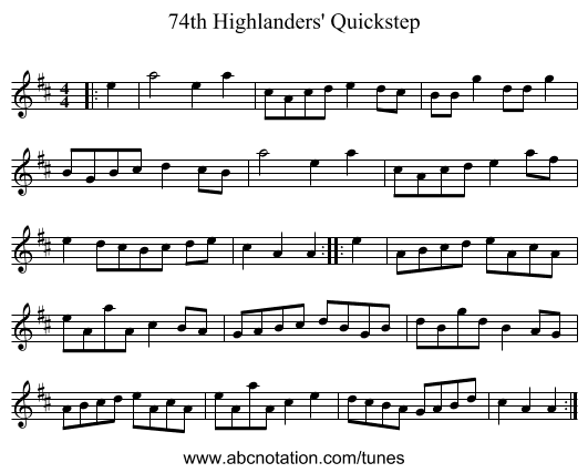 74th Highlanders' Quickstep - staff notation