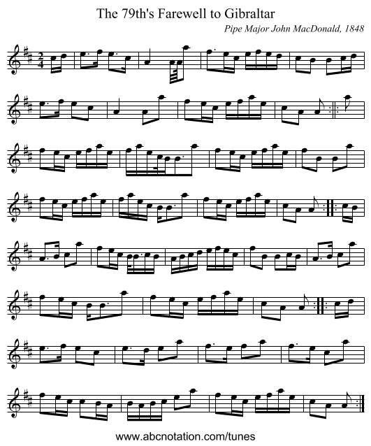 79th's Farewell to Gibraltar, The - staff notation
