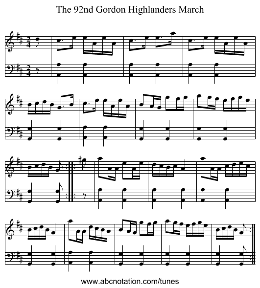92nd Gordon Highlanders March, The - staff notation