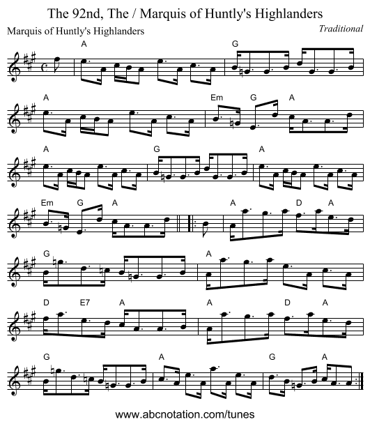 92nd, The / Marquis of Huntly's Highlanders, The - staff notation