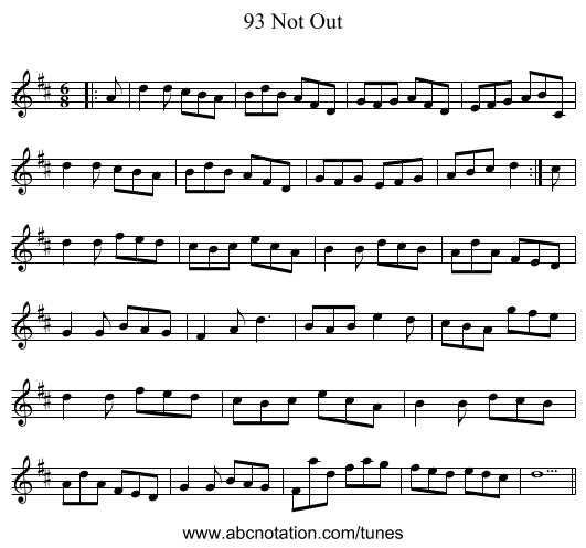 93 Not Out - staff notation
