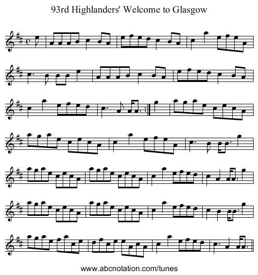 93rd Highlanders' Welcome to Glasgow - staff notation