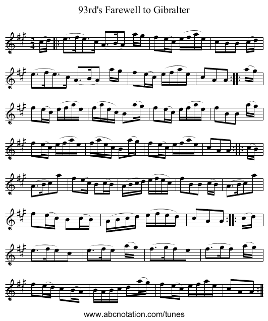 93rd's Farewell to Gibralter - staff notation