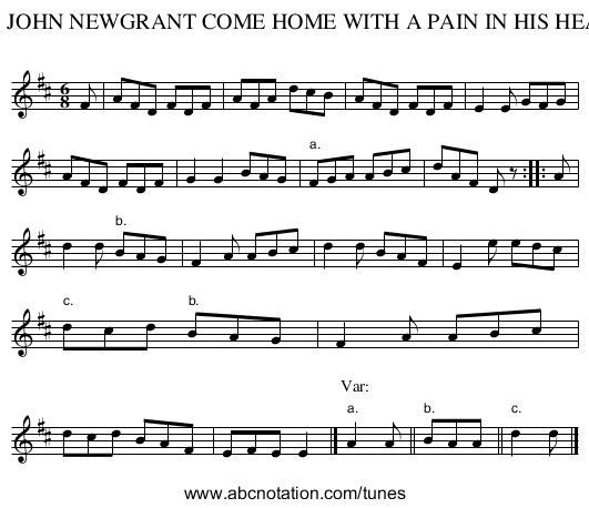 94. JOHN NEWGRANT COME HOME WITH A PAIN IN HIS HEAD - staff notation