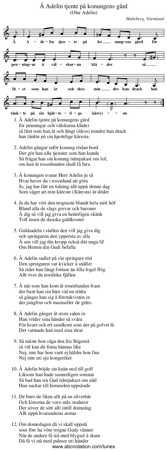 Å Adelin tjente på konungens gård - staff notation