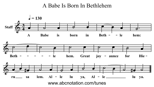 A Babe Is Born In Bethlehem - staff notation
