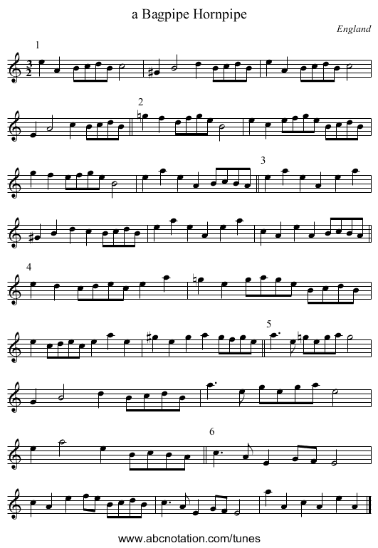 a Bagpipe Hornpipe - staff notation