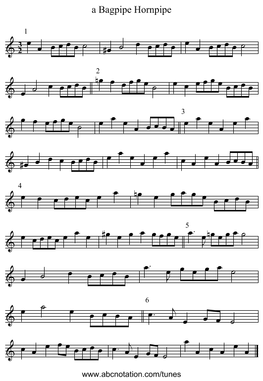 a Bagpipe Hornpipe - staff notation