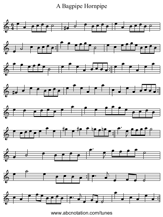 A Bagpipe Hornpipe - staff notation