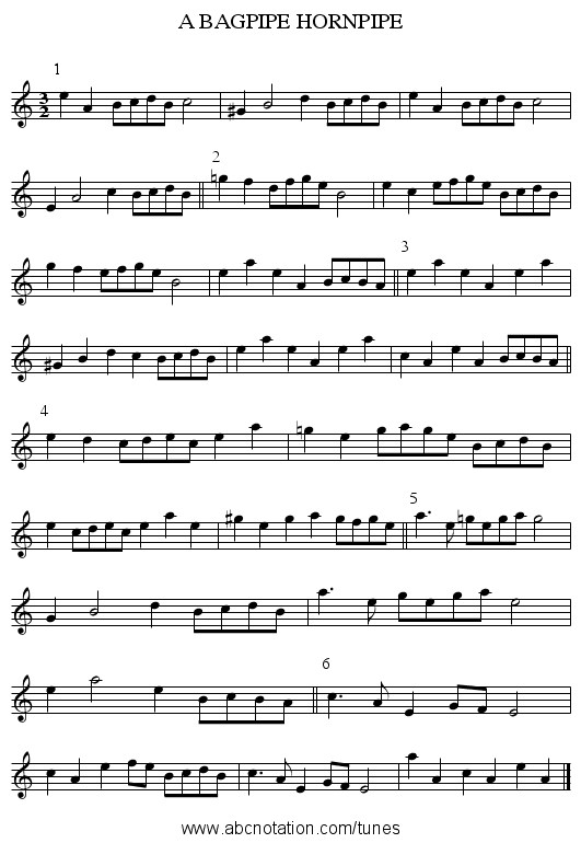 A BAGPIPE HORNPIPE - staff notation