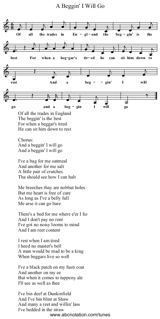 A Beggin' I Will Go - staff notation
