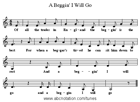 A Beggin' I Will Go - staff notation