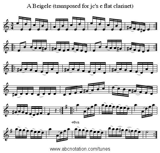 A Beigele (transposed for jc's e flat clarinet) - staff notation