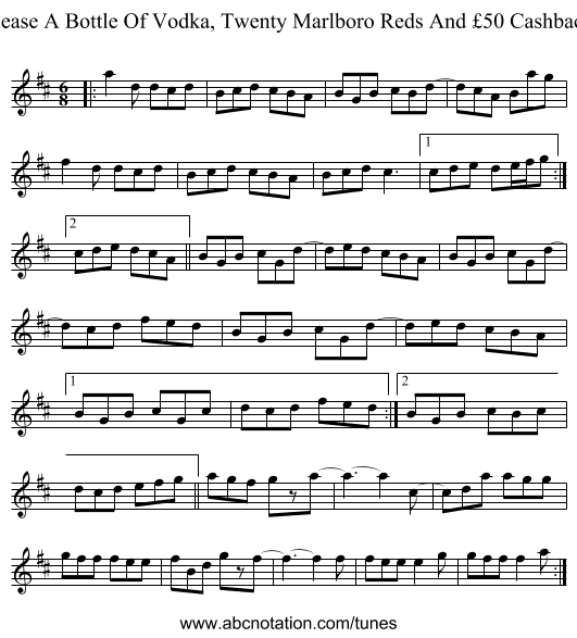 A Bottle Of Vodka, Twenty Marlboro Reds And £50 Cashback, Please - staff notation