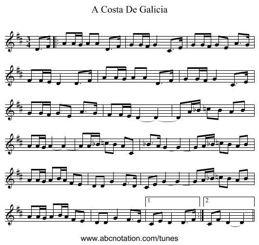 A Costa De Galicia - staff notation