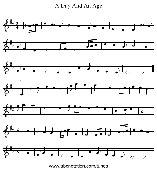 A Day And An Age - staff notation