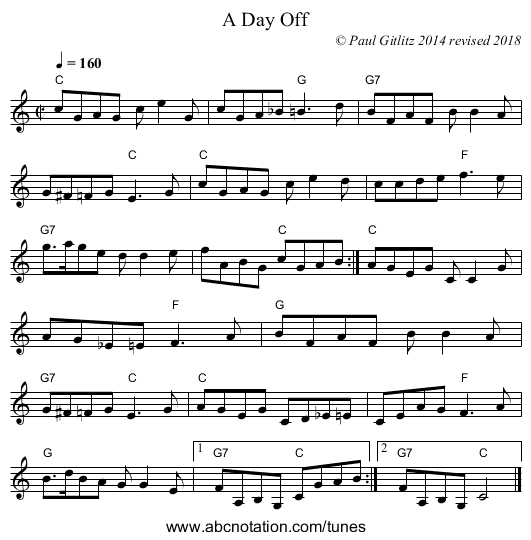 A Day Off - staff notation
