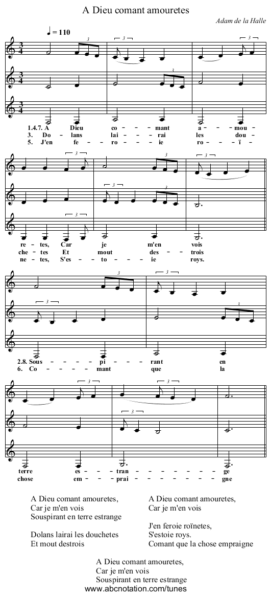 A Dieu comant amouretes - staff notation