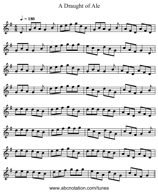 A Draught of Ale - staff notation