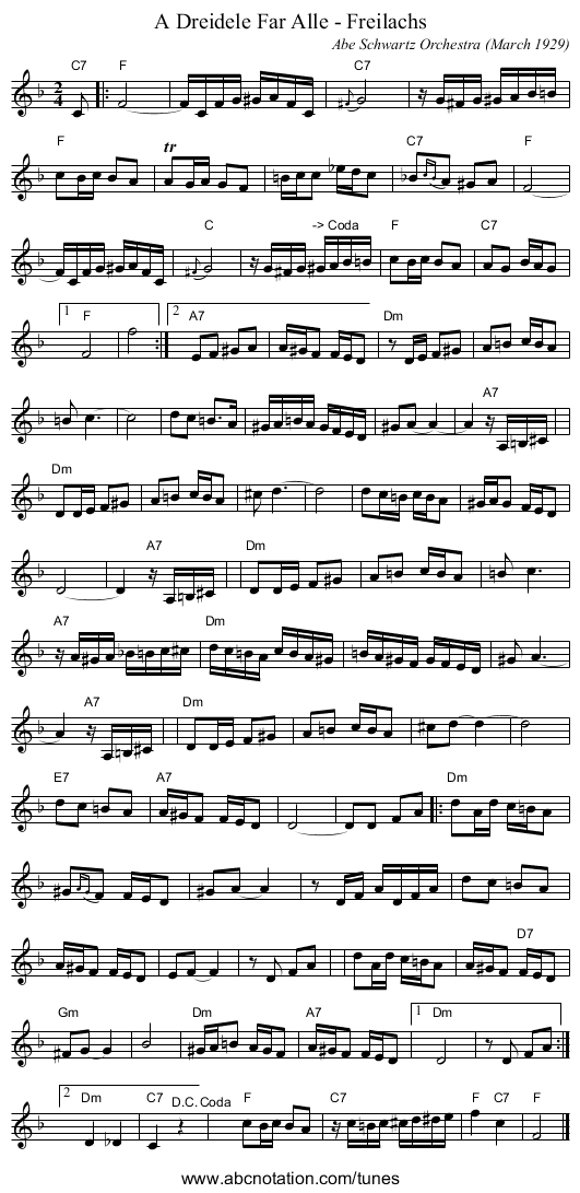 A Dreidele Far Alle - Freilachs - staff notation