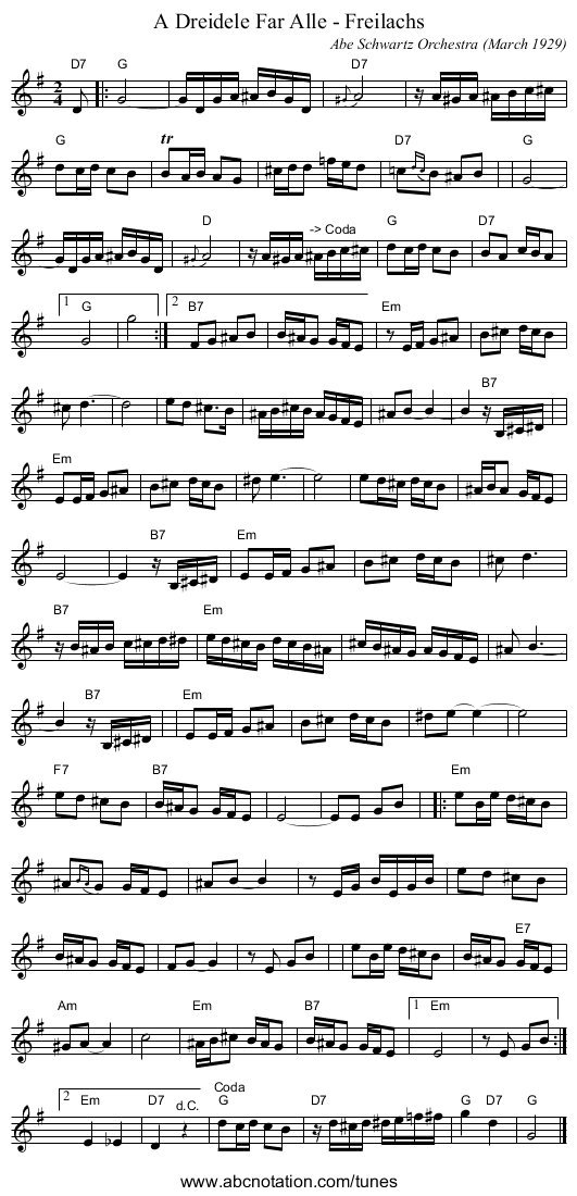 A Dreidele Far Alle - Freilachs - staff notation