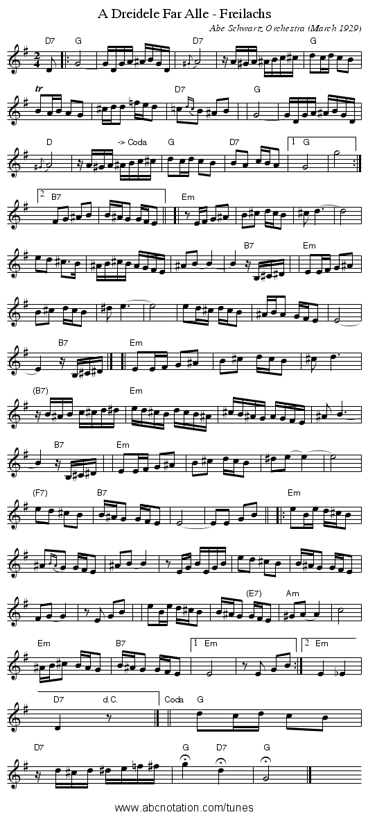 A Dreidele Far Alle - Freilachs - staff notation