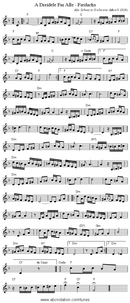 A Dreidele Far Alle - Freilachs - staff notation