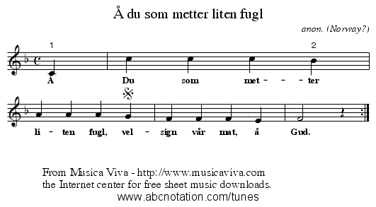 Å du som metter liten fugl - staff notation