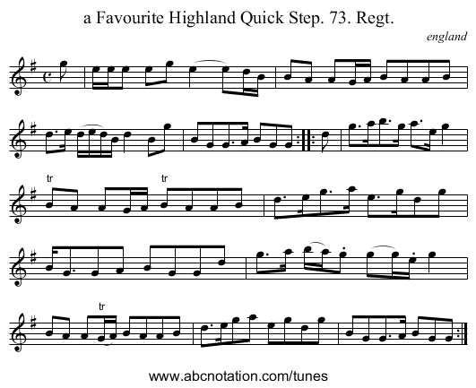 a Favourite Highland Quick Step. 73. Regt. - staff notation
