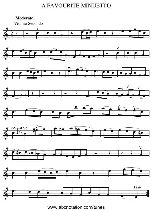 A FAVOURITE MINUETTO - staff notation