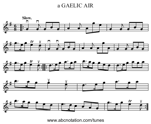 a GAELIC AIR - staff notation
