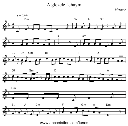 A glezele l'chaym - staff notation